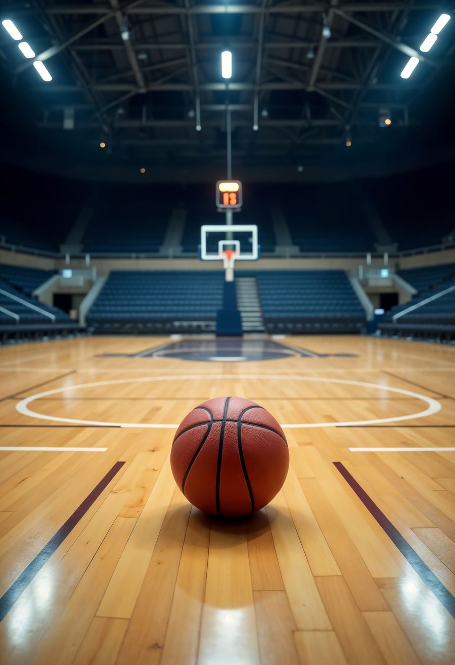 Empty hardwood basketball court under arena lights, ball resting at center court